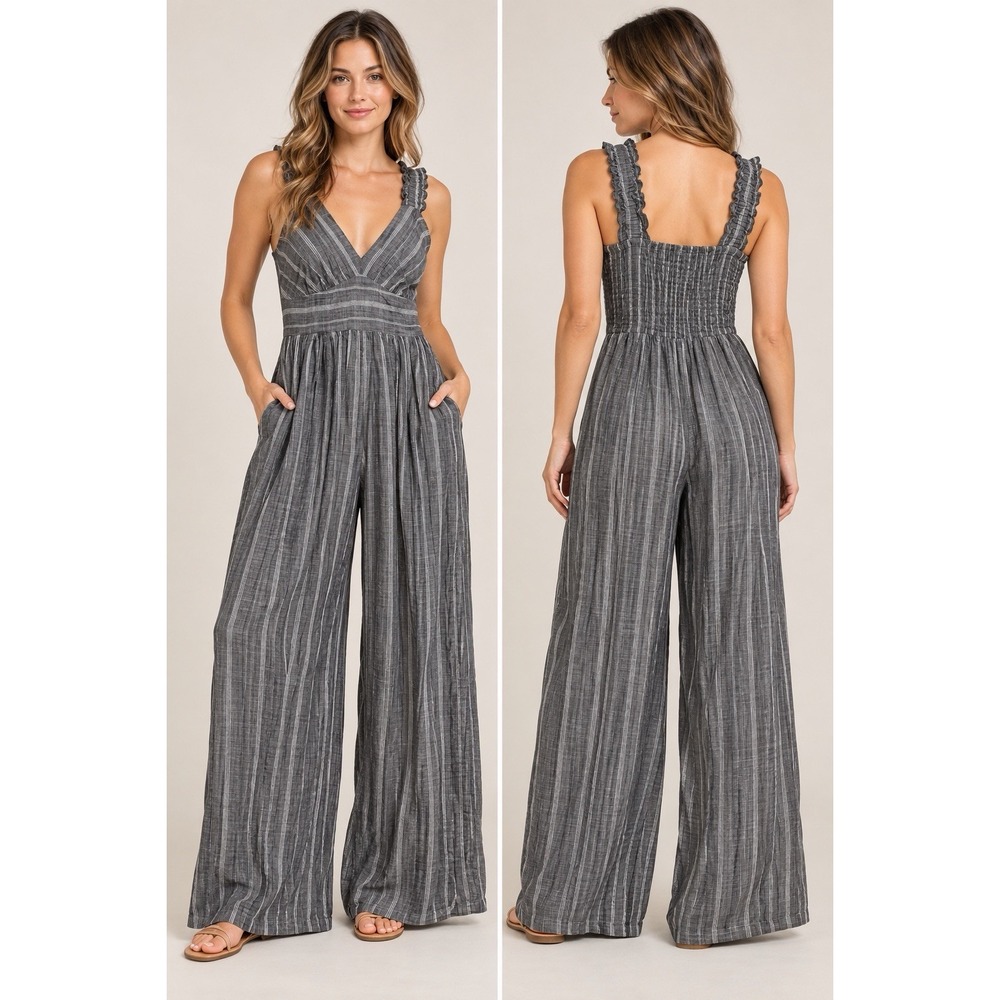 Blush Gray White Striped Wide Leg Jumpsuit Ruffle Straps Small NWT Boho